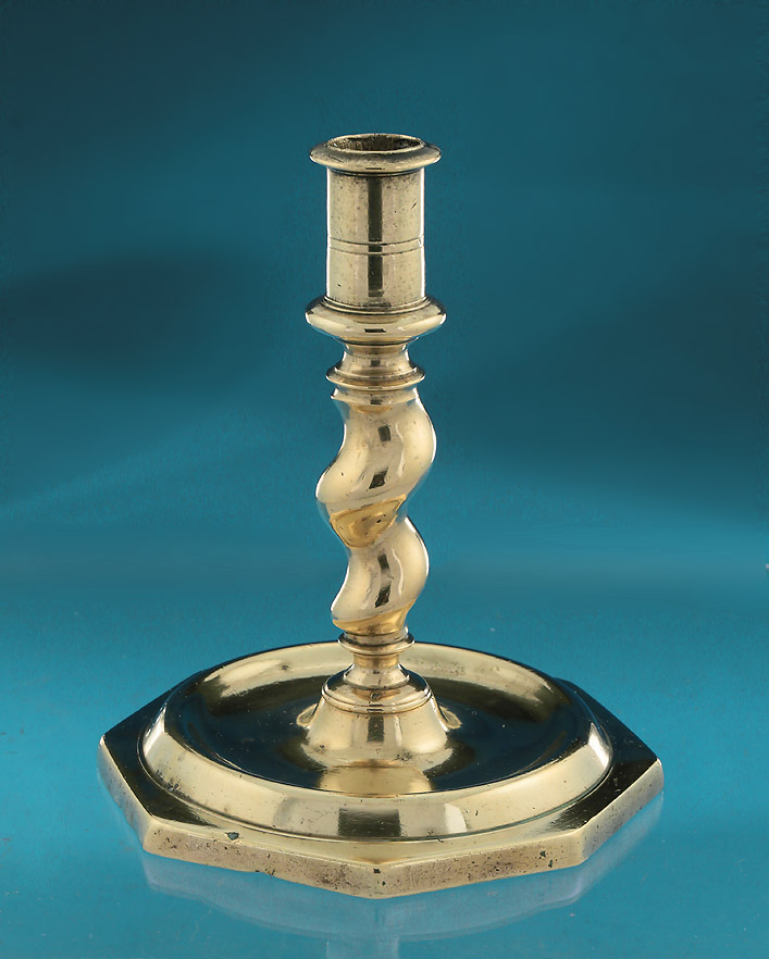 17th Century Copper Alloy Spiral Twist Stem Candlestick, Spain, c1680 